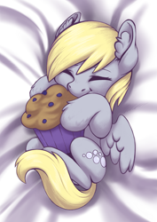 Size: 2675x3775 | Tagged: safe, artist:taytinabelle, imported from derpibooru, derpy hooves, pegasus, pony, bed, cute, derpabetes, ear fluff, eyes closed, female, food, happy, hnnng, hoof fluff, hug, lying down, lying on bed, mare, muffin, on back, on bed, small, smiling, snuggling, solo, spread wings, unshorn fetlocks, weapons-grade cute, wings