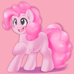 Size: 2035x2020 | Tagged: safe, artist:kurogewapony, imported from derpibooru, pinkie pie, earth pony, pony, blushing, cute, diapinkes, female, happy, high res, mare, missing cutie mark, open mouth, open smile, raised hoof, simple background, smiling, solo