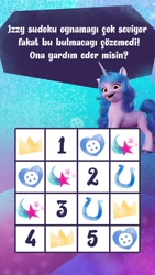 Size: 828x1472 | Tagged: safe, imported from derpibooru, izzy moonbow, pony, unicorn, blue background, button, crown, g5, heart, horseshoes, instagram, instagram story, jewelry, looking at you, my little pony: a new generation, numbers, official, purple background, regalia, shooting star, simple background, smiling, smiling at you, sudoku, translated in the description, turkey (country), turkish, vertical