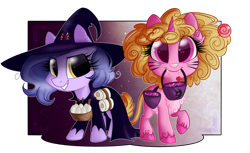 Size: 1280x782 | Tagged: safe, artist:lolepopenon, imported from derpibooru, oc, oc only, oc:billie, oc:curly cue, earth pony, pony, unicorn, candy, clothes, cute, duo, egg, fangs, female, filly, foal, food, halloween, hat, holiday, lollipop, nightmare night symbol, simple background, toilet paper, transparent background, witch costume, witch hat