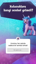 Size: 828x1472 | Tagged: safe, imported from derpibooru, izzy moonbow, pony, unicorn, blue background, friendly, g5, game, instagram, instagram story, logo, looking at you, my little pony: a new generation, official, purple background, question, riddle, simple background, smiling, smiling at you, standing, translated in the description, turkey (country), turkish, vertical