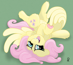 Size: 1676x1489 | Tagged: safe, artist:doodledonutart, imported from derpibooru, fluttershy, pegasus, pony, belly fluff, cheek fluff, chest fluff, colored underhoof, cute, elbow fluff, female, floppy ears, fluffy, frog (hoof), heart, hoof fluff, hoof heart, leg fluff, looking at you, looking up, looking up at you, lying down, mare, on back, open mouth, open smile, shyabetes, smiling, smiling at you, solo, spread wings, textured background, underhoof, wing hands, wings