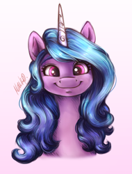 Size: 1224x1610 | Tagged: safe, artist:buttersprinkle, imported from derpibooru, izzy moonbow, pony, unicorn, bust, cute, female, g5, gradient background, izzybetes, looking at you, mare, my little pony: a new generation, simple background, smiling, smiling at you, solo