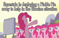 Size: 2896x1853 | Tagged: safe, edit, edited screencap, editor:notxweeb, imported from derpibooru, screencap, pinkie pie, earth pony, pony, too many pinkie pies, bipedal, clone, current events, meme, open arms, photo, ukraine, war, watermark