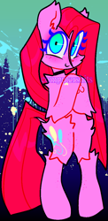 Size: 552x1132 | Tagged: dead source, safe, artist:cutiesparke, imported from derpibooru, pinkie pie, earth pony, semi-anthro, abstract background, bipedal, chest fluff, choker, ear fluff, fluffy, freckles, heart, hoof heart, hooves to the chest, hooves together, lightly watermarked, long hair, looking at you, needs more saturation, paint drip, paint splatter, pinkamena diane pie, shrunken pupils, smiling, solo, watermark