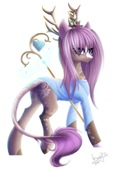 Size: 895x1342 | Tagged: safe, artist:bastet-catmew, imported from derpibooru, oc, earth pony, pony, antlers, female, mare, simple background, solo, staff, white background