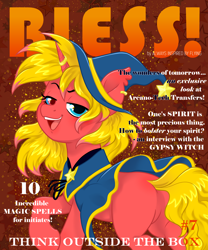 Size: 3000x3600 | Tagged: safe, artist:always inspired by flying, imported from derpibooru, oc, oc:cinnamon swirl, pony, unicorn, cloak, clothes, ear piercing, earring, engagement ring, hat, horn, horn ring, jewelry, looking at you, looking back, magazine, magazine cover, rear view, witch, witch hat