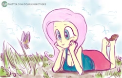 Size: 800x511 | Tagged: safe, artist:doublewbrothers, imported from derpibooru, fluttershy, butterfly, equestria girls, breasts, cleavage, cute, feet, female, looking at each other, looking at someone, lying down, nature, prone, sandals, shyabetes, solo, the pose