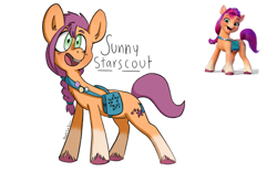 Size: 2560x1600 | Tagged: safe, artist:nattlaemo, imported from derpibooru, sunny starscout, earth pony, pony, bag, braid, coat markings, fanart, female, full body, g5, high res, hooves, mare, my little pony: a new generation, open mouth, open smile, satchel, signature, simple background, smiling, socks (coat markings), solo, standing, tail, unshorn fetlocks, white background