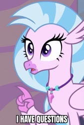 Size: 449x667 | Tagged: safe, edit, edited screencap, imported from derpibooru, screencap, silverstream, classical hippogriff, hippogriff, season 9, student counsel, caption, cropped, female, i have questions, image macro, meme, open mouth, surprised, text