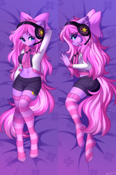 Size: 2000x3000 | Tagged: safe, artist:airiniblock, imported from derpibooru, oc, oc only, oc:lillybit, anthro, unguligrade anthro, body pillow, bow, clothes, furry, headset, rcf community, socks, solo, striped socks