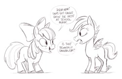 Size: 943x612 | Tagged: safe, artist:mellodillo, imported from derpibooru, apple bloom, scootaloo, earth pony, pegasus, pony, dialogue, female, filly, foal, grayscale, implied cannibalism, implied snips, monochrome, simple background, sketch, speech bubble, white background