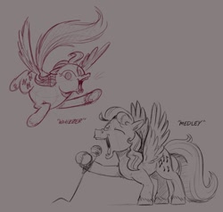 Size: 908x863 | Tagged: safe, artist:mellodillo, imported from derpibooru, medley, whizzer, pegasus, pony, duo, eyes closed, female, flying, g1, gray background, mare, microphone, simple background, singing, sketch