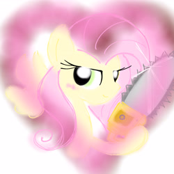 Size: 4096x4096 | Tagged: safe, artist:tiga mega, imported from derpibooru, fluttershy, pegasus, pony, .mov, shed.mov, chainsaw, female, heart, looking at you, mare, simple background, smiling, smiling at you, solo, white background, wings