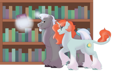 Size: 1280x732 | Tagged: safe, artist:itstechtock, imported from derpibooru, oc, oc only, oc:polished lance, oc:starfire, classical unicorn, pony, unicorn, book, bookshelf, cloven hooves, leonine tail, magic, male, simple background, stallion, transparent background, unshorn fetlocks