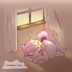 Size: 1200x1200 | Tagged: safe, artist:cold-blooded-twilight, imported from derpibooru, oc, oc only, oc:kayla, pony, blushing, commission, eyes closed, female, filly, flower, flower in hair, flower in tail, foal, scrunchie, sleeping, solo, sunlight, tail, window