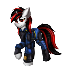 Size: 4719x5000 | Tagged: safe, artist:flapstune, imported from derpibooru, oc, oc only, oc:blackjack, pony, unicorn, fallout equestria, fallout equestria: project horizons, clothes, fanfic art, female, horn, jumpsuit, looking at you, mare, pipbuck, simple background, small horn, solo, transparent background, vault security armor, vault suit