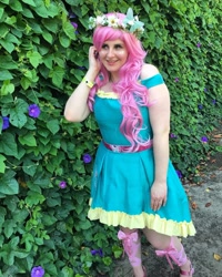 Size: 1080x1350 | Tagged: safe, artist:sweetalissum, imported from derpibooru, fluttershy, human, equestria girls, clothes, cosplay, costume, dress, floral head wreath, flower, irl, irl human, photo, solo