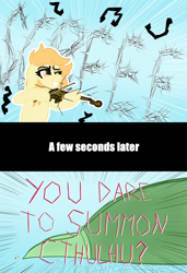 Size: 2742x4000 | Tagged: safe, artist:justapone, imported from derpibooru, oc, oc only, oc:orange cream, pony, colored, colored sketch, comic, cthulhu, dialogue, discord shenanigans, female, gritted teeth, macro, mare, musical instrument, playing instrument, screech, simple background, solo, summoning, violin