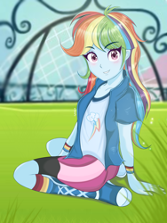 Size: 1536x2048 | Tagged: safe, artist:namieart, imported from derpibooru, rainbow dash, equestria girls, anime style, bracelet, clothes, cute, dashabetes, female, grass, jacket, jewelry, looking at you, smiling, soccer field, solo