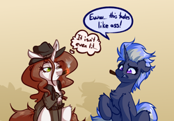 Size: 4000x2800 | Tagged: safe, artist:witchtaunter, imported from derpibooru, oc, pony, unicorn, annoyed, chest fluff, cigar, clothes, comic, commission, confused, ear fluff, female, floppy ears, gradient background, hat, lidded eyes, shoulder fluff, speech bubble, trenchcoat