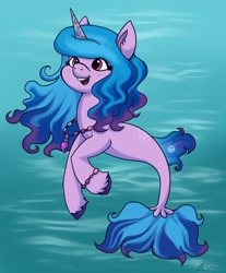 Size: 1692x2048 | Tagged: safe, artist:catscratchpaper, imported from derpibooru, izzy moonbow, seapony (g4), unicorn, blue mane, blue tail, blushing, cute, dorsal fin, female, fish tail, flowing mane, g5, horn, izzybetes, jewelry, mare, necklace, ocean, open mouth, open smile, pink eyes, seaponified, seapony izzy moonbow, shoo be doo, signature, smiling, solo, species swap, swimming, tail, teeth, underwater, unshorn fetlocks, water