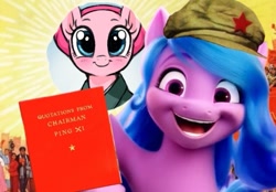 Size: 515x358 | Tagged: safe, artist:aer0 zer0, edit, imported from derpibooru, screencap, izzy moonbow, pinkie pie, earth pony, pony, unicorn, spoiler:my little pony: a new generation, alternate hairstyle, big smile, book cover, communism, cover, exploitable meme, female, g5, grinded pony hooves, little red book, looking at you, mao zedong, mare, meme, my little pony: a new generation, parody, politics, propaganda, propaganda parody, smiling, smiling at you, social credit