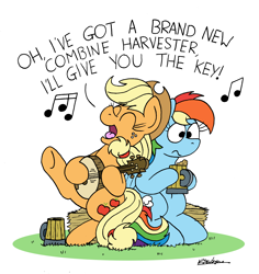 Size: 2340x2480 | Tagged: safe, artist:bobthedalek, imported from derpibooru, applejack, rainbow dash, earth pony, pegasus, pony, atop the fourth wall, banjo, cider, combine harvester, duo, eyes closed, female, linkara, mare, musical instrument, open mouth, simple background, singing, song reference, tankard, the wurzels, white background