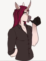 Size: 729x955 | Tagged: safe, artist:blackblood-queen, imported from derpibooru, oc, oc only, oc:victor quartz, anthro, unguligrade anthro, unicorn, alternate universe, anthro oc, clothes, curved horn, digital art, gloves, horn, male, shirt, simple background, solo, stallion, unicorn oc