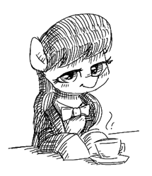 Size: 296x344 | Tagged: safe, artist:plunger, octavia melody, earth pony, pony, blushing, bowtie, bust, cup, female, food, looking at you, mare, monochrome, necktie, plate, simple background, sitting, smiling, solo, tea, teacup, white background