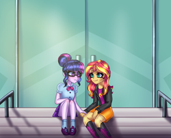 Size: 1880x1520 | Tagged: safe, artist:opal_radiance, imported from derpibooru, sci-twi, sunset shimmer, twilight sparkle, equestria girls, duo, frown, holding hands, looking at each other, looking at someone, sitting, smiling