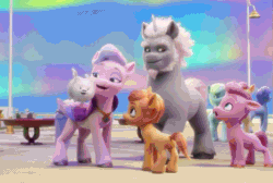 Size: 1103x741 | Tagged: safe, imported from derpibooru, screencap, queen haven, dog, earth pony, pegasus, pomeranian, pony, unicorn, spoiler:my little pony: a new generation, alphabittle blossomforth, animated, aurora borealis, beard, cheek rub, cheek squish, cloudpuff, colt, facial hair, female, filly, flying pomeranian, foal, g5, gif, happy, jewelry, laughing, male, mare, maretime bay, my little pony: a new generation, nodding, nuzzling, one eye closed, size difference, smiling, squishy cheeks, stallion, stare, unnamed character, unnamed pony, winged dog, wings, wink