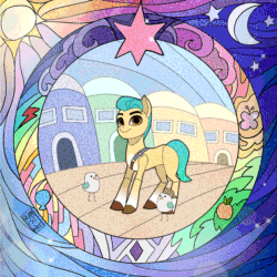 Size: 630x630 | Tagged: safe, artist:rumista, imported from derpibooru, hitch trailblazer, bird, chicken, crab, earth pony, pony, animated, element of generosity, element of honesty, element of kindness, element of laughter, element of loyalty, element of magic, elements of harmony, g5, looking at you, loop, male, moon, my little pony: a new generation, perfect loop, raised hoof, smiling, solo, sparkles, stomping, sun