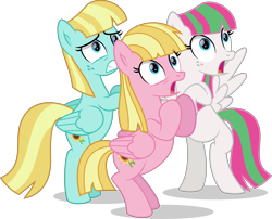 Size: 4484x3632 | Tagged: safe, artist:thatusualguy06, imported from derpibooru, blossomforth, helia, meadow flower, pegasus, pony, .svg available, absurd resolution, female, folded wings, mare, open mouth, panic, simple background, spread wings, svg, transparent background, trio, trio female, vector, wings