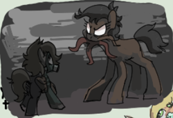 Size: 317x217 | Tagged: safe, artist:plunger, oc, oc only, pony, angry, blank flank, bloodsucker, clothes, gas mask, mask, no pupils, ponified, raised hoof