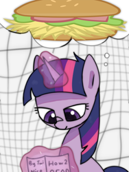 Size: 1536x2048 | Tagged: safe, artist:omelettepony, twilight sparkle, pony, unicorn, animated, book, burger, female, food, hay burger, looking at something, magic, magic aura, mare, reading, simple background, smiling, solo, thinking, unicorn twilight