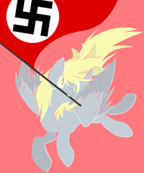 Size: 1708x2048 | Tagged: source needed, safe, artist:clair, edit, editor:edits of hate, editor:unofficial edits thread, imported from twibooru, derpy hooves, pegasus, pony, female, full body, image, lineless, national-socialism, nazi, png, red background, simple background, solo, spread wings, swastika, tail, wings