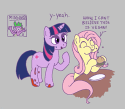 Size: 593x517 | Tagged: safe, artist:myra, fluttershy, spike, twilight sparkle, pegasus, pony, unicorn, aggie.io, blood, burger, dialogue, eating, eyes closed, female, food, implied murder, mare, open mouth, raised hoof, simple background, sitting, smiling, sweat, unicorn twilight