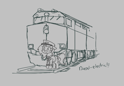 Size: 500x348 | Tagged: safe, artist:firecracker, oc, oc:filly anon, earth pony, pony, aggie.io, clothes, female, filly, hat, mare, monochrome, simple background, smiling, train, train tracks