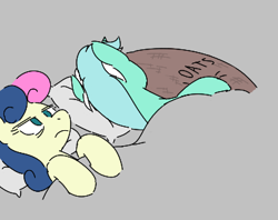 Size: 377x299 | Tagged: safe, bon bon, lyra heartstrings, sweetie drops, earth pony, pony, unicorn, aggie.io, bed, blanket, female, food, frown, mare, meme, oats, pillow, simple background, sleeping