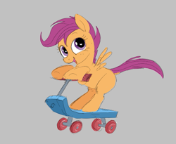 Size: 511x418 | Tagged: safe, artist:hattsy, scootaloo, pegasus, pony, aggie.io, female, filly, mare, open mouth, simple background, skateboard, smiling, spread wings, wings