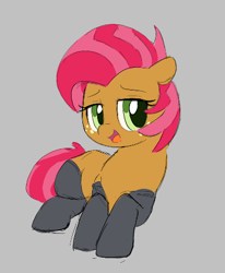 Size: 377x457 | Tagged: safe, artist:hattsy, artist:parfait, babs seed, earth pony, pony, aggie.io, clothes, female, filly, lying down, mare, open mouth, simple background, smiling, socks