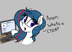 Size: 470x342 | Tagged: safe, artist:seafooddinner, oc, oc only, oc:nasapone, earth pony, pony, aggie.io, computer, ear fluff, female, implied anon, looking back, mare, open mouth, simple background, talking