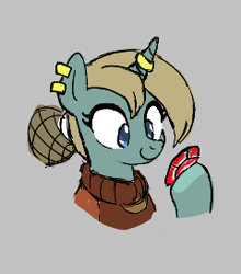 Size: 240x273 | Tagged: safe, artist:kabayo, oc, oc only, pony, unicorn, aggie.io, clothes, ear piercing, earring, female, horn, horn ring, jewelry, lowres, mare, piercing, ring, ruby, simple background, smiling, sweater