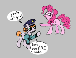 Size: 297x229 | Tagged: safe, artist:hattsy, copper top, pinkie pie, earth pony, pony, aggie.io, clothes, female, hat, lowres, mare, open mouth, police, raised hoof, simple background, smiling