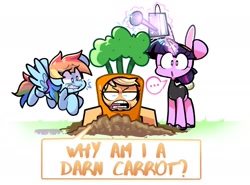 Size: 2017x1489 | Tagged: safe, artist:sourspot, imported from derpibooru, applejack, rainbow dash, twilight sparkle, earth pony, pegasus, pony, unicorn, ..., applejack is not amused, bunny ears, carrot, carrot costume, clothes, costume, easter, easter bunny, food, food costume, holiday, lip bite, open mouth, simple background, speech bubble, stifling laughter, teary eyes, unamused, unicorn twilight, watering can, white background