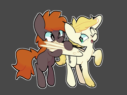 Size: 2048x1536 | Tagged: safe, artist:kindakismet, imported from derpibooru, oc, oc:exist, oc:spirikon, pegasus, pony, cute, gray background, griffequus, grooming, laughing, male, nom, paws, preening, simple background, tickling, wings