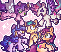 Size: 1751x1508 | Tagged: safe, artist:toaestt, imported from derpibooru, hitch trailblazer, izzy moonbow, pipp petals, sunny starscout, zipp storm, earth pony, pegasus, pony, unicorn, flying, g5, group, mane five (g5), my little pony: a new generation, open mouth, smiling, starry eyes, wingding eyes, wings