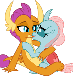 Size: 2314x2418 | Tagged: safe, artist:don't mind me, derpibooru exclusive, imported from derpibooru, ocellus, smolder, changedling, changeling, dragon, changeling x dragon, dragoness, female, horns, hug, interspecies, kissing, lesbian, shipping, show accurate, simple background, sitting, smolcellus, transparent background, wings