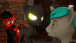 Size: 3840x2160 | Tagged: safe, artist:fireemerald123, imported from derpibooru, oc, oc only, oc:dr.caduceus, oc:page feather, oc:voice, pegasus, unicorn, 3d, alley, brick wall, city, gun, handgun, night, revolver, source filmmaker, void entity, voidpunk, watermark